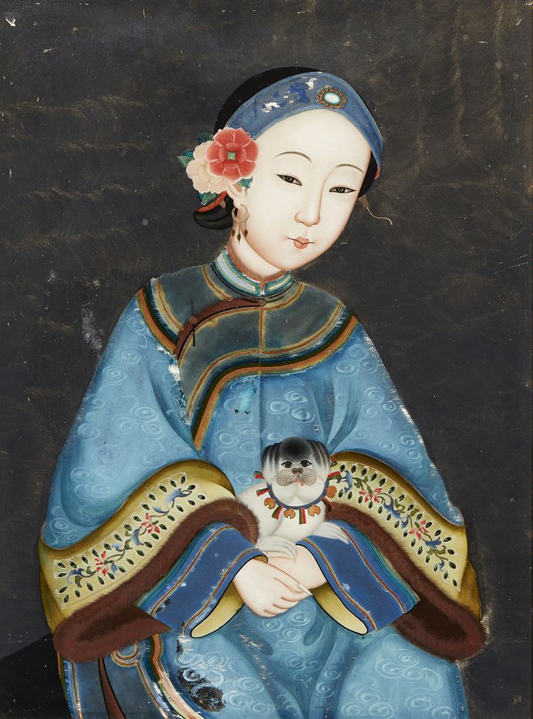 reverse glass painting qing dynasty lady and puppy